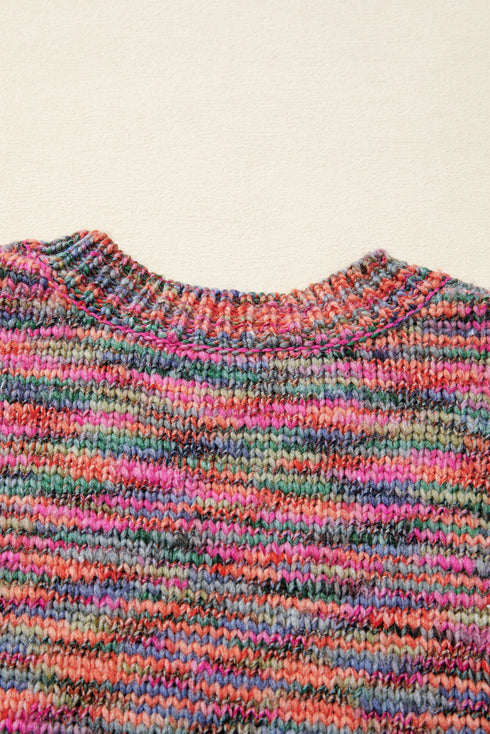 Textured Crew Neck Ribbed Trim Knit Sweater