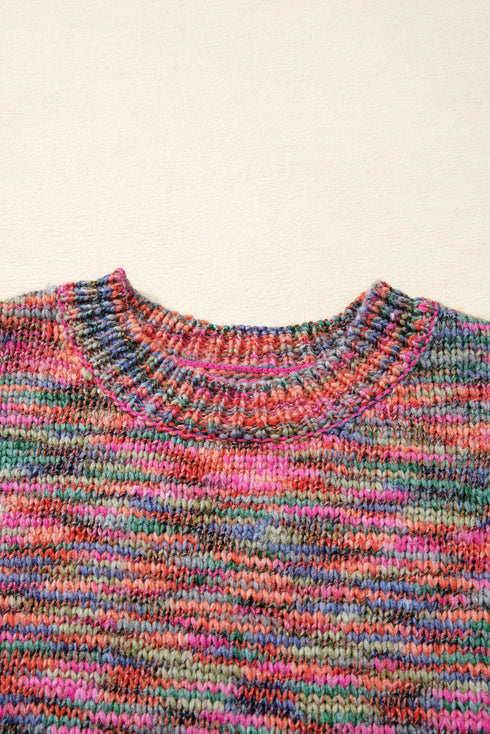 Textured Crew Neck Ribbed Trim Knit Sweater