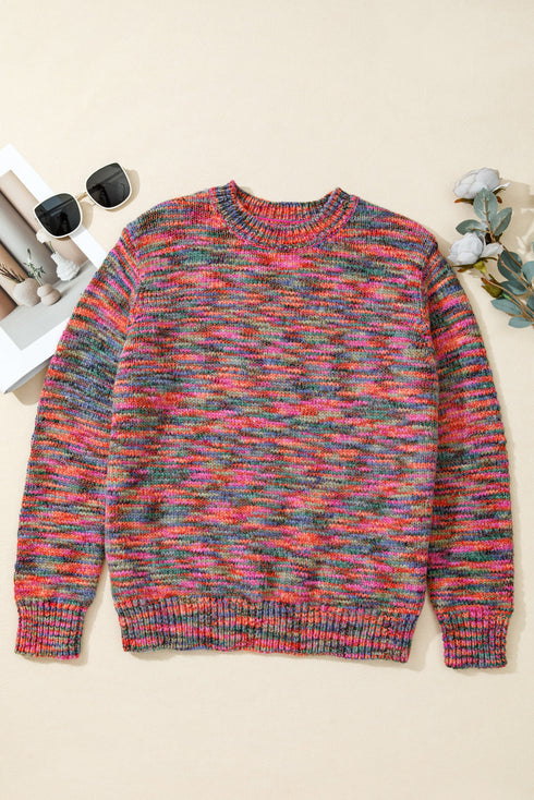 Textured Crew Neck Ribbed Trim Knit Sweater
