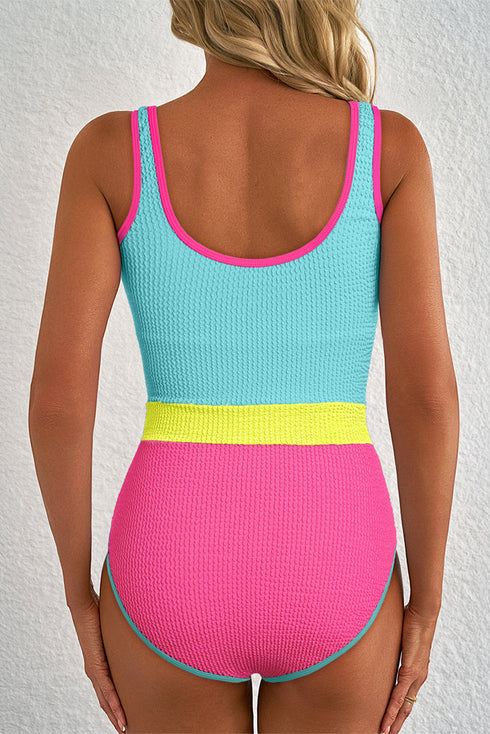 Textured Crinkle Scoop Neck High Leg One Piece Swimsuit