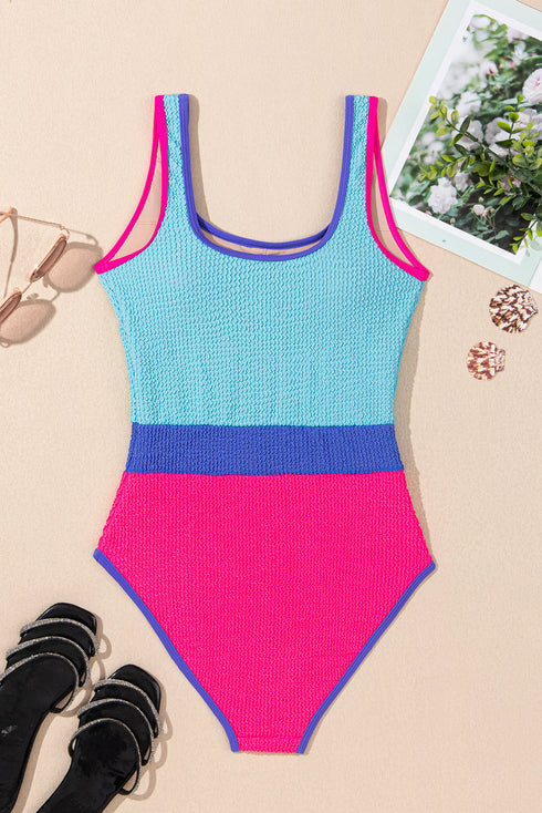 Textured Crinkle Scoop Neck High Leg One Piece Swimsuit