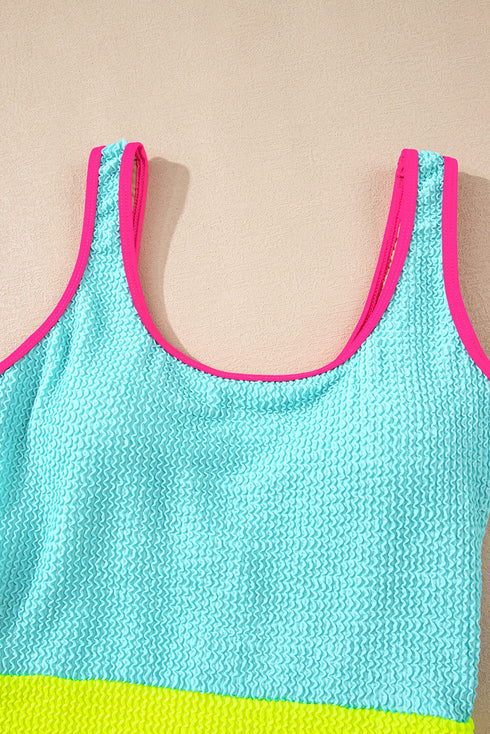 Textured Crinkle Scoop Neck High Leg One Piece Swimsuit