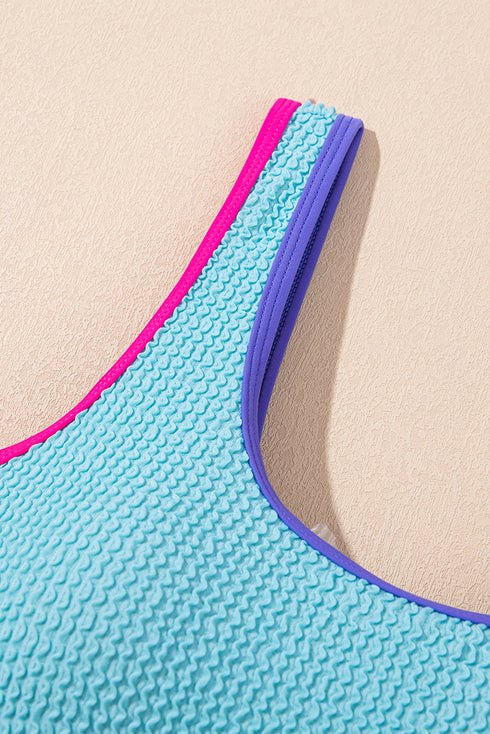 Textured Crinkle Scoop Neck High Leg One Piece Swimsuit