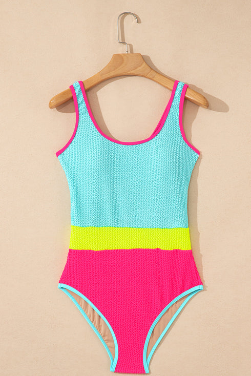 Textured Crinkle Scoop Neck High Leg One Piece Swimsuit