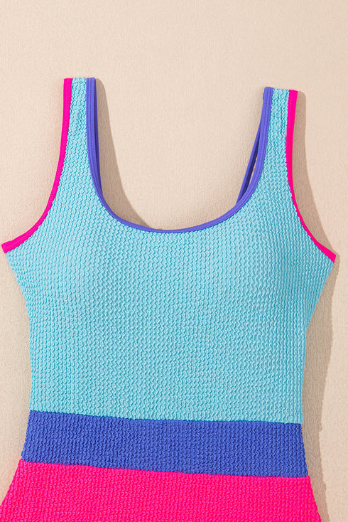 Textured Crinkle Scoop Neck High Leg One Piece Swimsuit