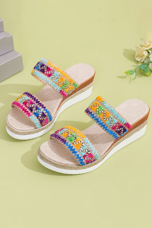 Textured Crochet Knit Dual Band Wedge Slippers