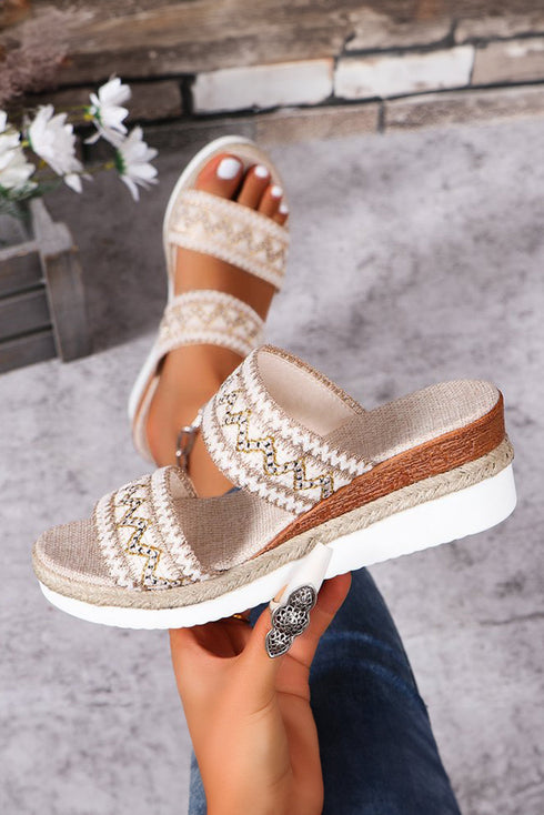 Textured Crochet Knit Dual Band Wedge Slippers