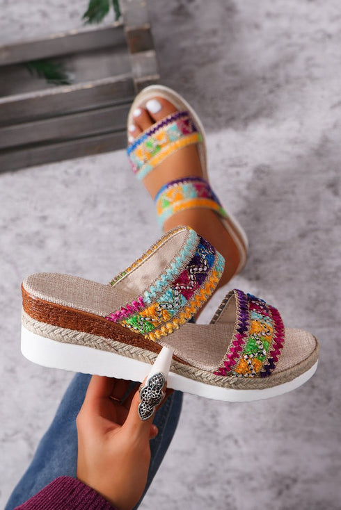 Textured Crochet Knit Dual Band Wedge Slippers