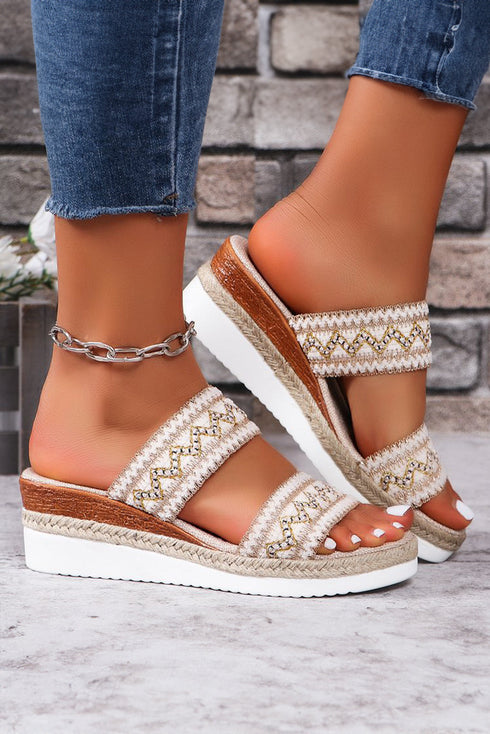 Textured Crochet Knit Dual Band Wedge Slippers