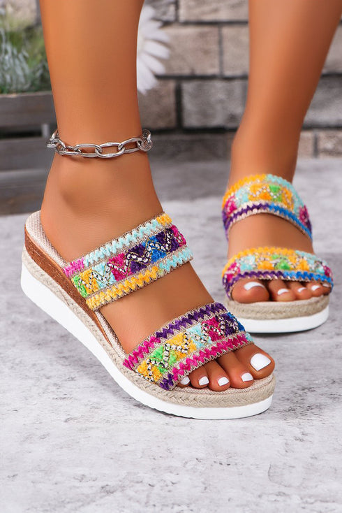 Textured Crochet Knit Dual Band Wedge Slippers
