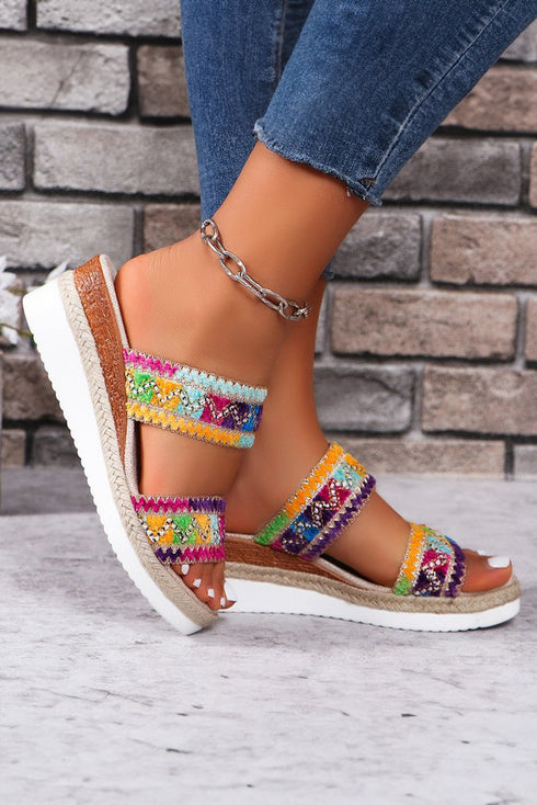 Textured Crochet Knit Dual Band Wedge Slippers