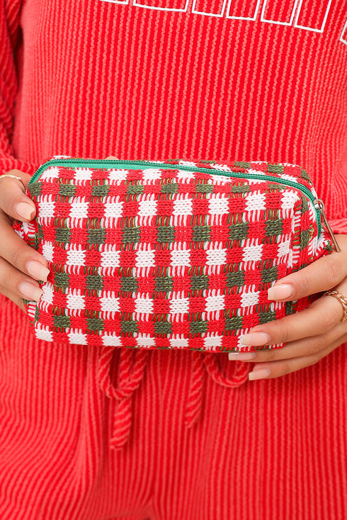 Textured Crochet Knit Square Zipper Cosmetic Makeup Bag