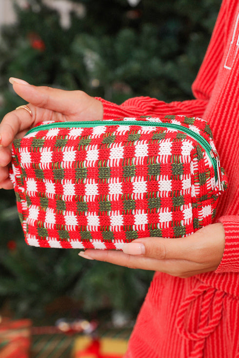 Textured Crochet Knit Square Zipper Cosmetic Makeup Bag