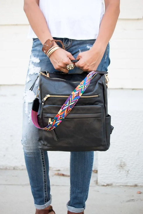 Textured Crochet Strap Smooth Vegan Leather Everyday Backpack