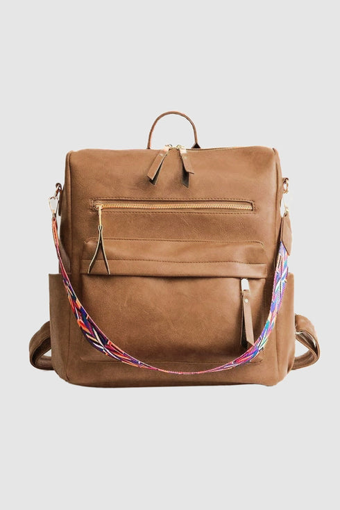 Textured Crochet Strap Smooth Vegan Leather Everyday Backpack