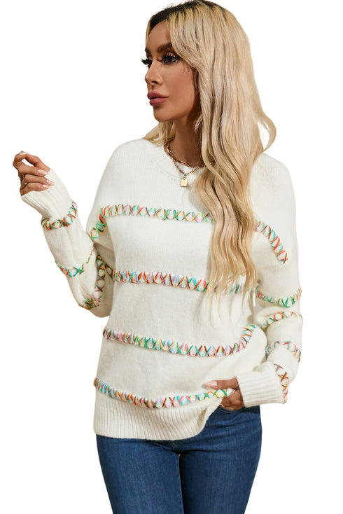 Textured Cross Stitch Detail Crew Neck Pullover Sweater