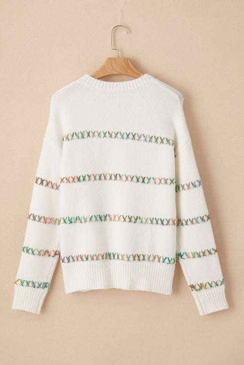 Textured Cross Stitch Detail Crew Neck Pullover Sweater