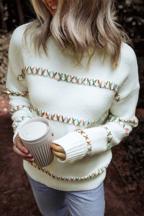 Textured Cross Stitch Detail Crew Neck Pullover Sweater