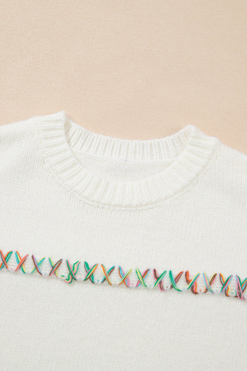 Textured Cross Stitch Detail Crew Neck Pullover Sweater