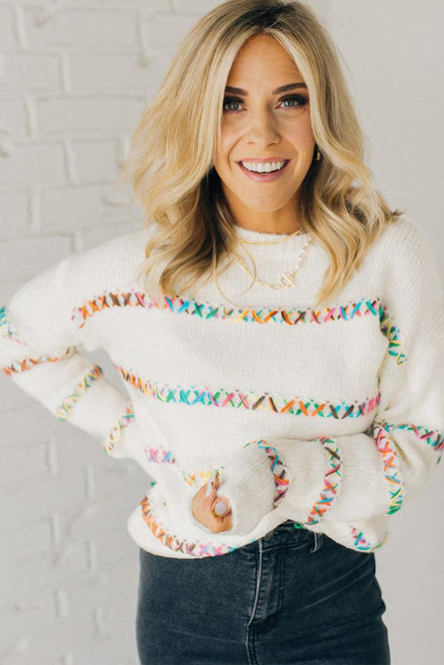 Textured Cross Stitch Detail Crew Neck Pullover Sweater