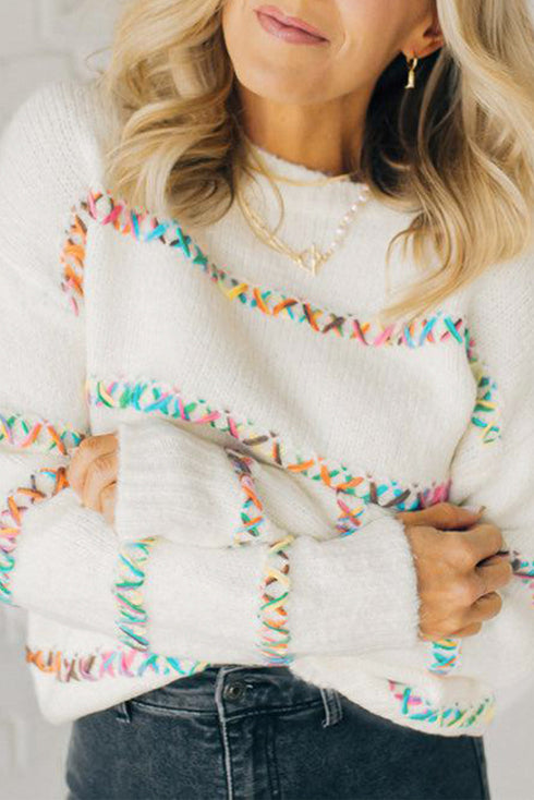 Textured Cross Stitch Detail Crew Neck Pullover Sweater