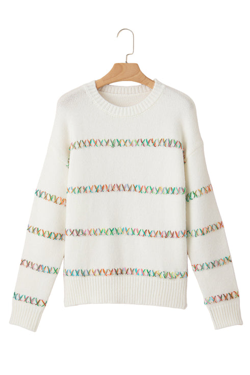 Textured Cross Stitch Detail Crew Neck Pullover Sweater