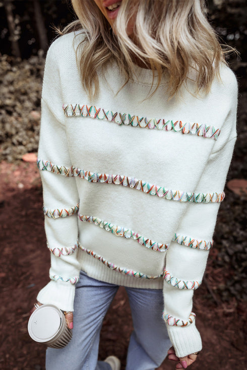 Textured Cross Stitch Detail Crew Neck Pullover Sweater
