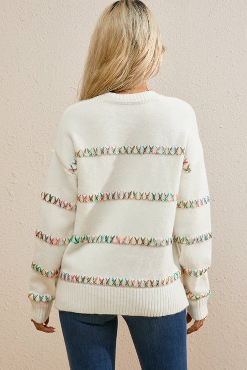Textured Cross Stitch Detail Crew Neck Pullover Sweater