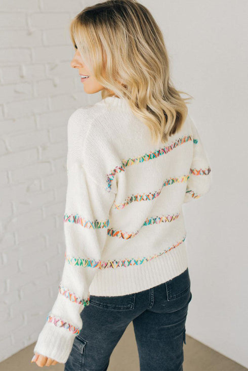 Textured Cross Stitch Detail Crew Neck Pullover Sweater