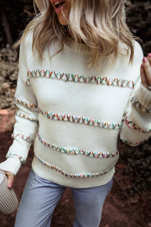 Textured Cross Stitch Detail Crew Neck Pullover Sweater