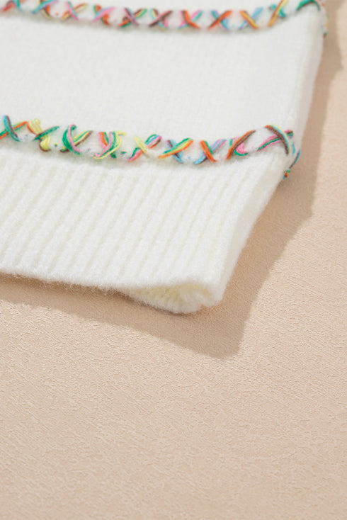 Textured Cross Stitch Detail Crew Neck Pullover Sweater