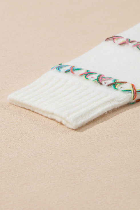 Textured Cross Stitch Detail Crew Neck Pullover Sweater