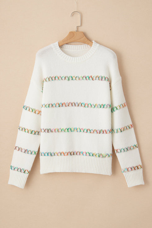 Textured Cross Stitch Detail Crew Neck Pullover Sweater
