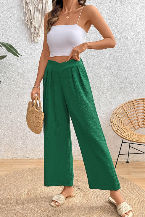 Textured Crossover Waist Relaxed Fit Flowy Pants