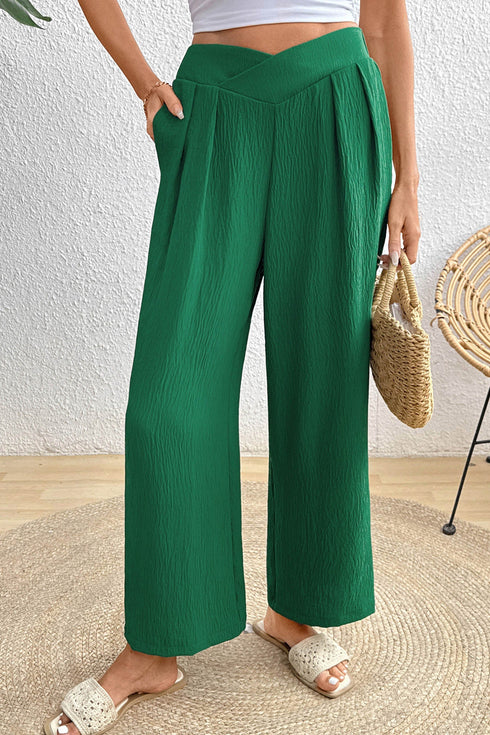 Textured Crossover Waist Relaxed Fit Flowy Pants