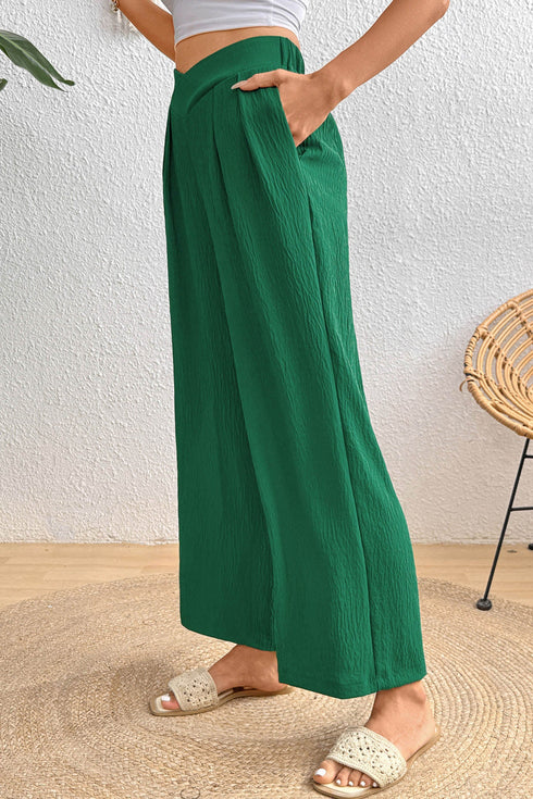Textured Crossover Waist Relaxed Fit Flowy Pants