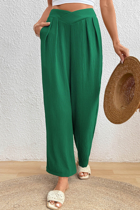 Textured Crossover Waist Relaxed Fit Flowy Pants