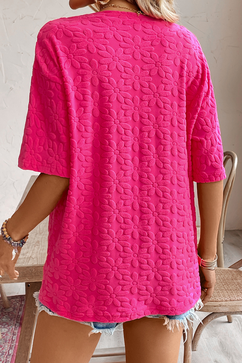 Textured Daisy Jacquard Half Sleeve Crew Neck Top