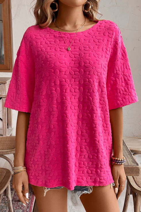 Textured Daisy Jacquard Half Sleeve Crew Neck Top