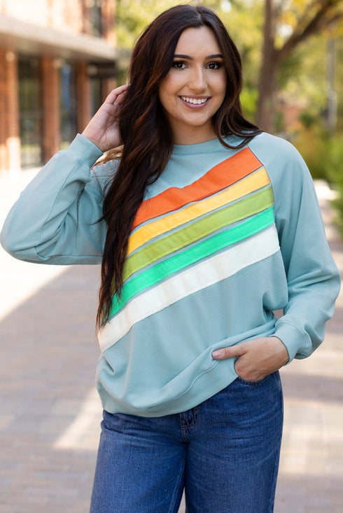 Textured Diagonal Stripe Accent Crew Neck Sweatshirt