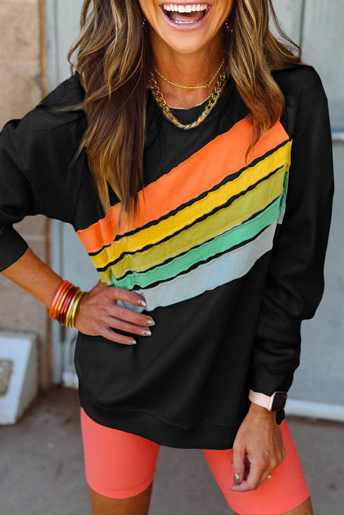Textured Diagonal Stripe Accent Crew Neck Sweatshirt