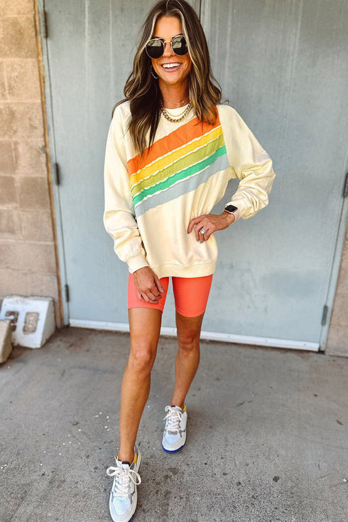 Textured Diagonal Stripe Accent Crew Neck Sweatshirt