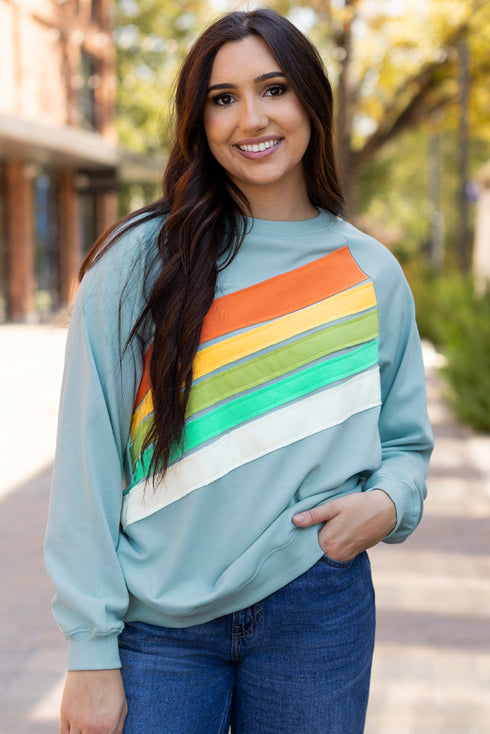Textured Diagonal Stripe Accent Crew Neck Sweatshirt