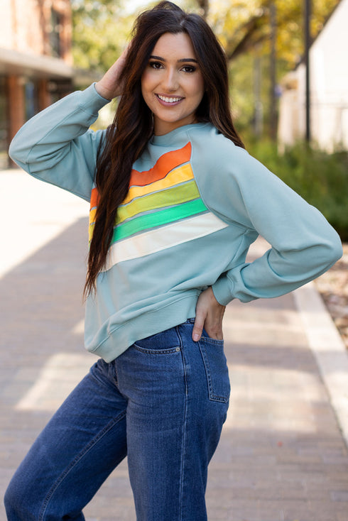 Textured Diagonal Stripe Accent Crew Neck Sweatshirt