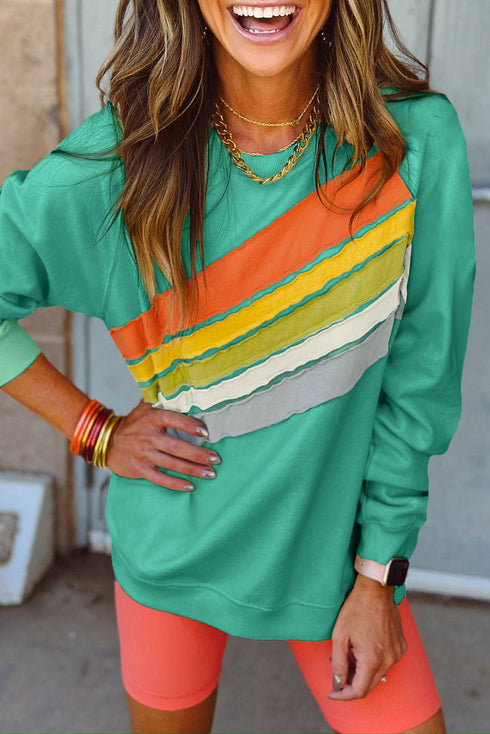 Textured Diagonal Stripe Accent Crew Neck Sweatshirt
