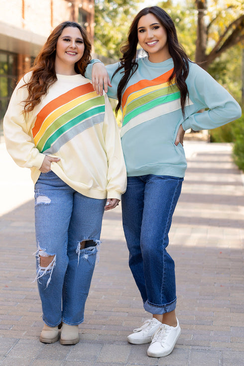 Textured Diagonal Stripe Accent Crew Neck Sweatshirt
