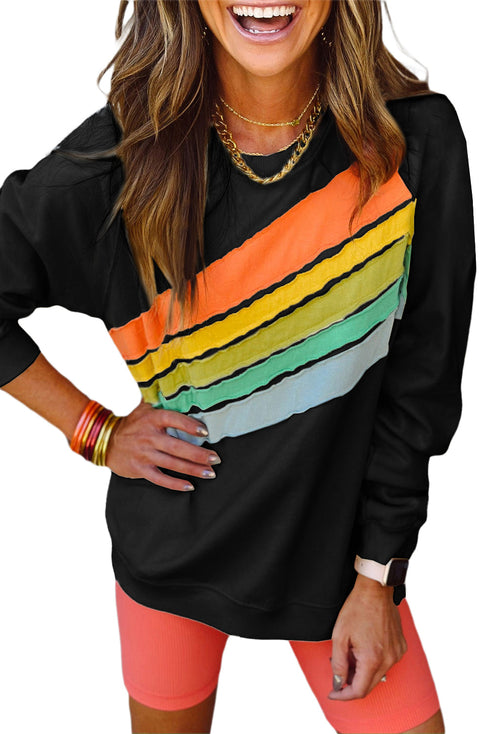 Textured Diagonal Stripe Accent Crew Neck Sweatshirt