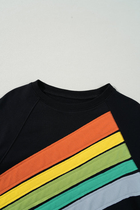 Textured Diagonal Stripe Accent Crew Neck Sweatshirt