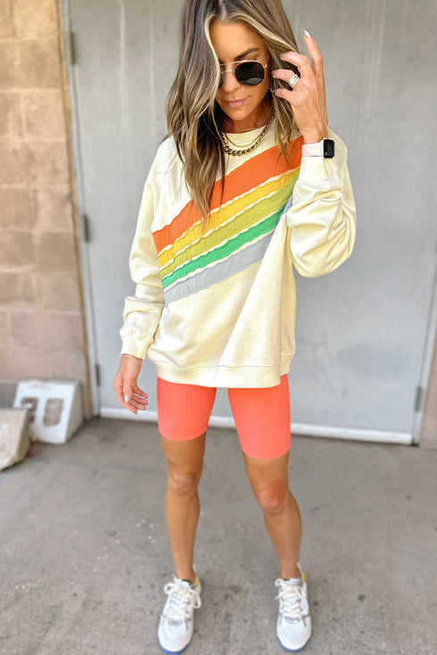 Textured Diagonal Stripe Accent Crew Neck Sweatshirt