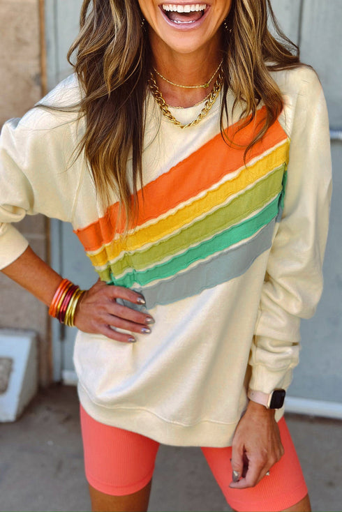 Textured Diagonal Stripe Accent Crew Neck Sweatshirt